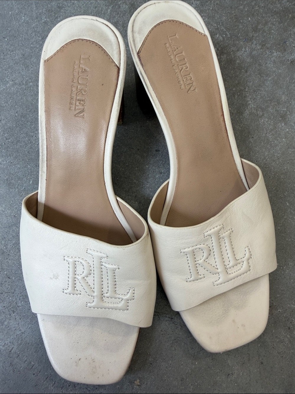 Lauren Ralph Lauren Cream Leather Slide Mules with RL Monogram